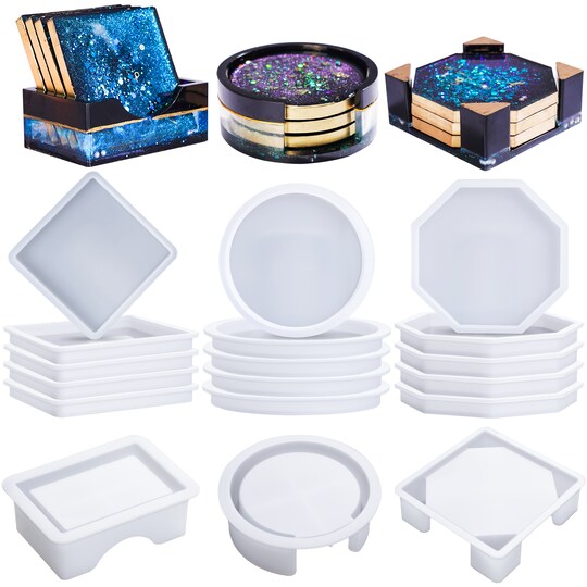 LET'S RESIN; LET'S RESIN 18 Pcs Coaster Resin Molds Silicone, Coaster Molds with Round Square Octagon Shape Holder Molds for Epoxy Resin, DIY Art Craft Cup Mats; Category:Resin Molds; Image:1